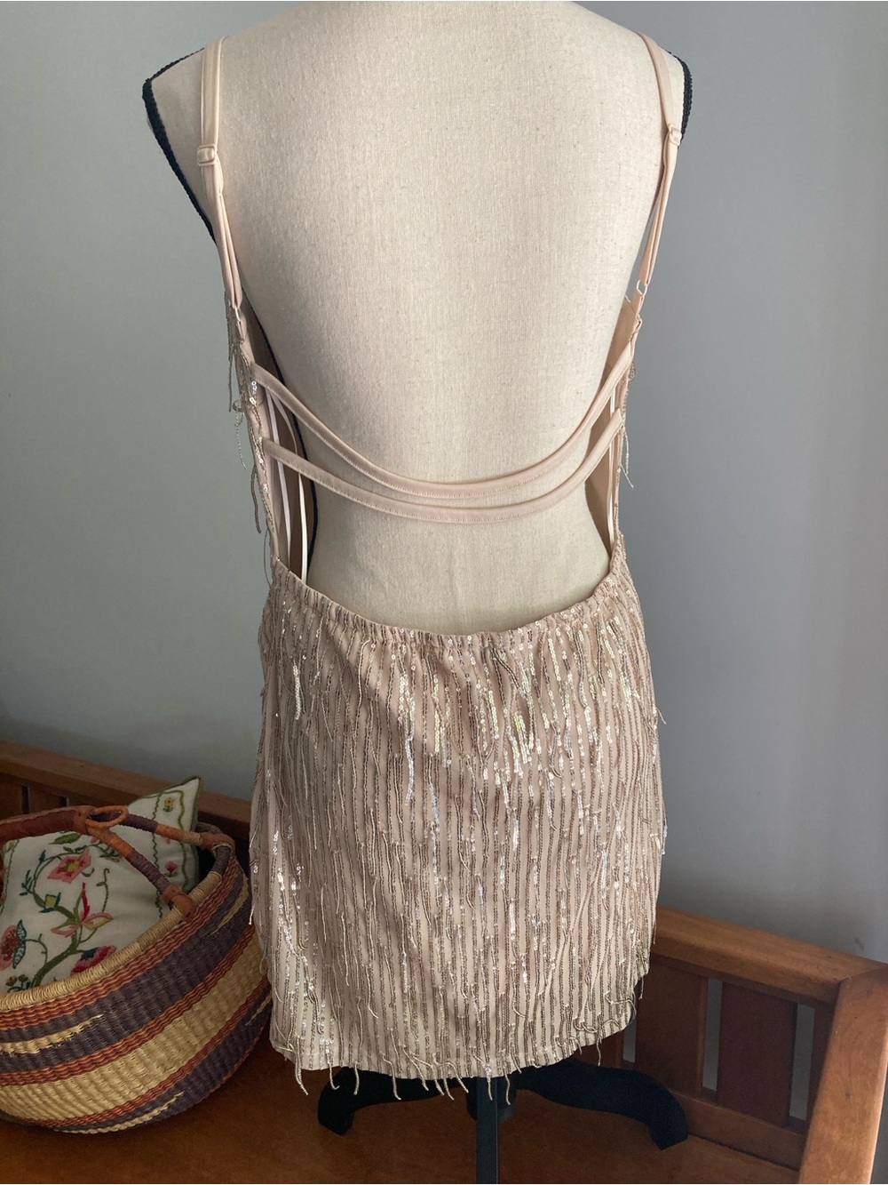 Women’s backless Beaded Nude Champagne Slip Dress party dress 1X - Picture 3 of 6